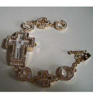 Women's gold finish rhinestone dressy cross religious fashion wrist watch